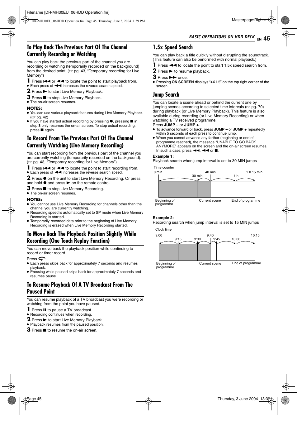 5x speed search, Jump search, Pg. 45 | Pg. 45), Pg. 45, “jump search”) | JVC DR-MH20B User Manual | Page 45 / 92