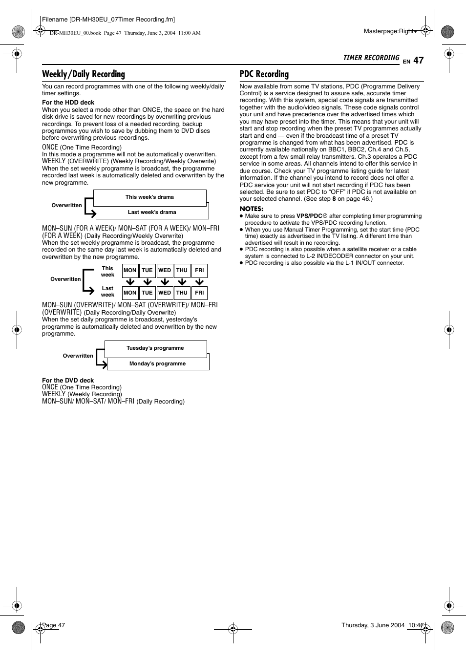 Weekly/daily recording, Pdc recording, Pg. 47) | Vps/pdc indicator, Pg. 47, G indicator | JVC DR-MH20B User Manual | Page 47 / 92