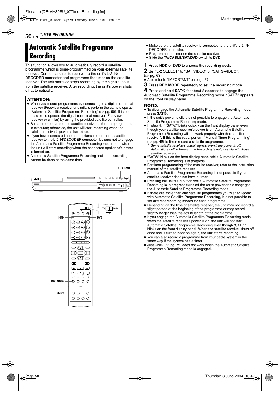 Automatic satellite programme recording, Mode, Pg. 50), s | Pg. 50, Pg. 50) is | JVC DR-MH20B User Manual | Page 50 / 92