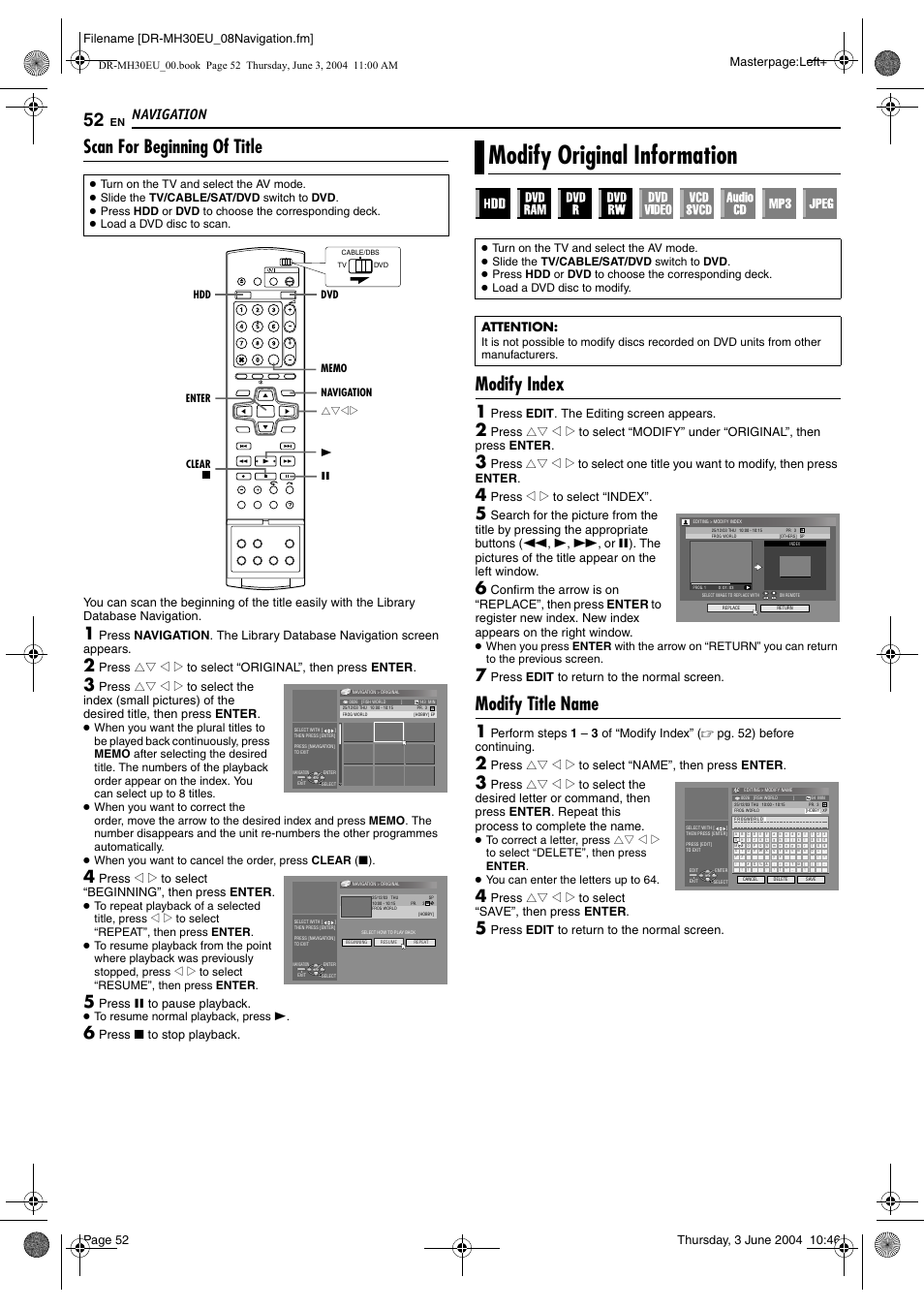 Scan for beginning of title, Modify original information, Modify index | Modify title name, Pg. 52, 5, Pg. 52, Pg. 52), Navigation, Press 8 to stop playback, Press edit . the editing screen appears | JVC DR-MH20B User Manual | Page 52 / 92