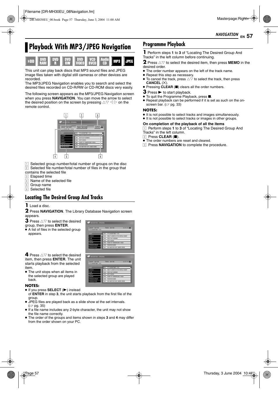 Playback with mp3/jpeg navigation, Locating the desired group and tracks, Programme playback | Is unit, Pg. 57), See “playback with mp3/jpeg navigation, Navigation, Masterpage:right, Filename [dr-mh30eu_08navigation.fm, Load a disc | JVC DR-MH20B User Manual | Page 57 / 92