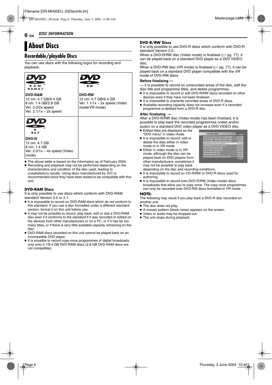 Disc information, About discs, Recordable/playable discs | JVC DR-MH20B User Manual | Page 6 / 92