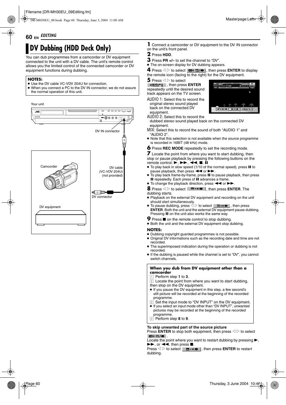 Dv dubbing (hdd deck only), Pg. 60, Pg. 60, “dv dubbing (hdd deck only)”) | Pg. 60), Editing | JVC DR-MH20B User Manual | Page 60 / 92
