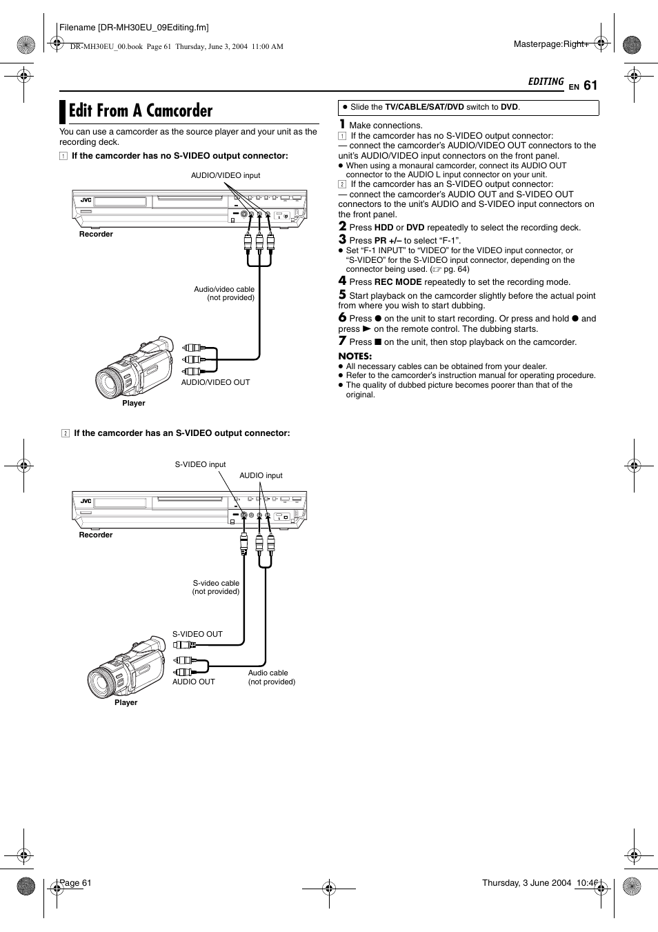 Edit from a camcorder, Pg. 61 | JVC DR-MH20B User Manual | Page 61 / 92