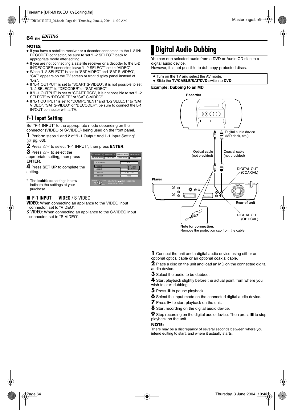 F-1 input setting, Digital audio dubbing, Tical)) | Pg. 64, 6, Pg. 64), Editing, 8 f-1 input — video / s-video | JVC DR-MH20B User Manual | Page 64 / 92