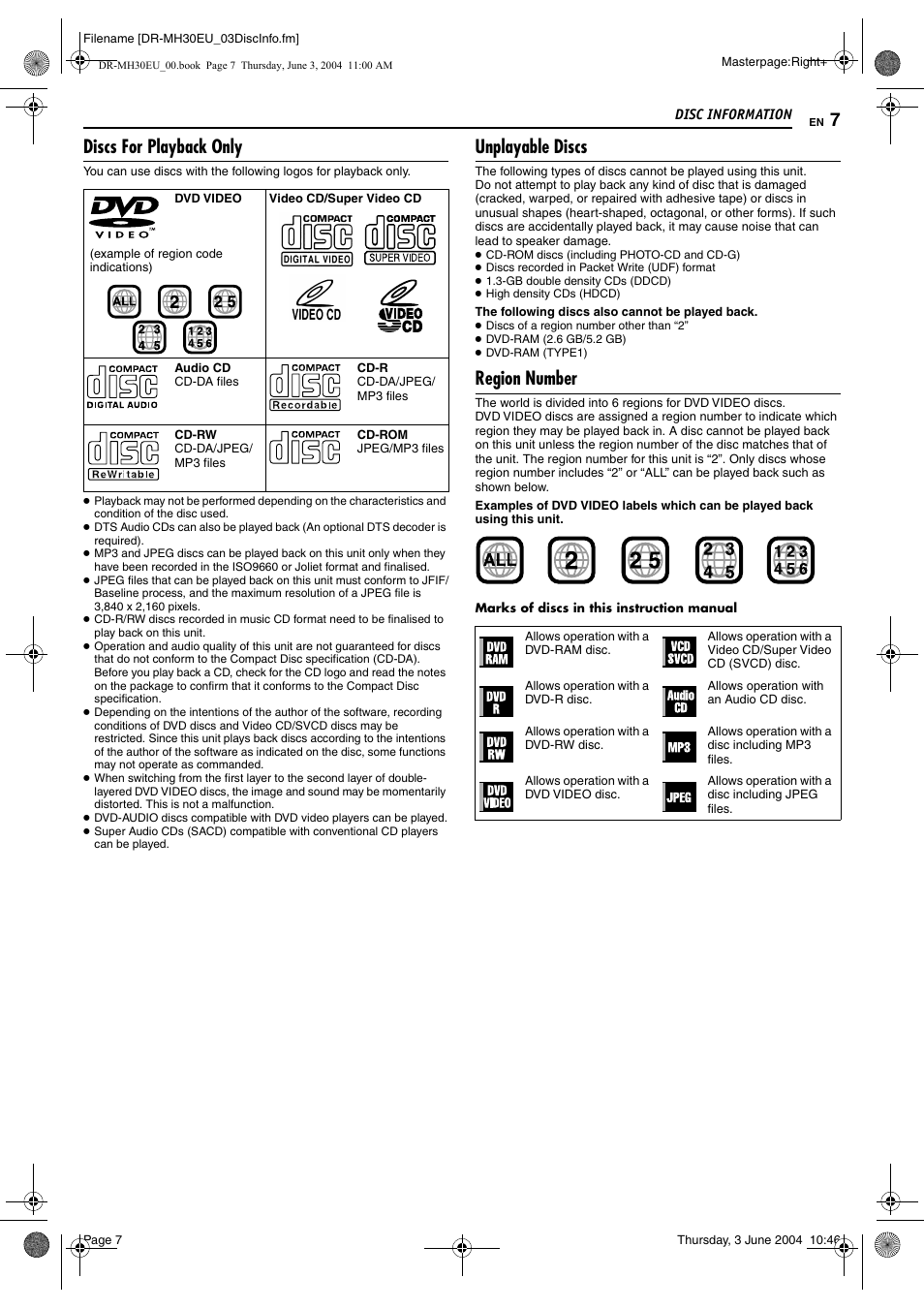 Discs for playback only, Unplayable discs, Region number | JVC DR-MH20B User Manual | Page 7 / 92