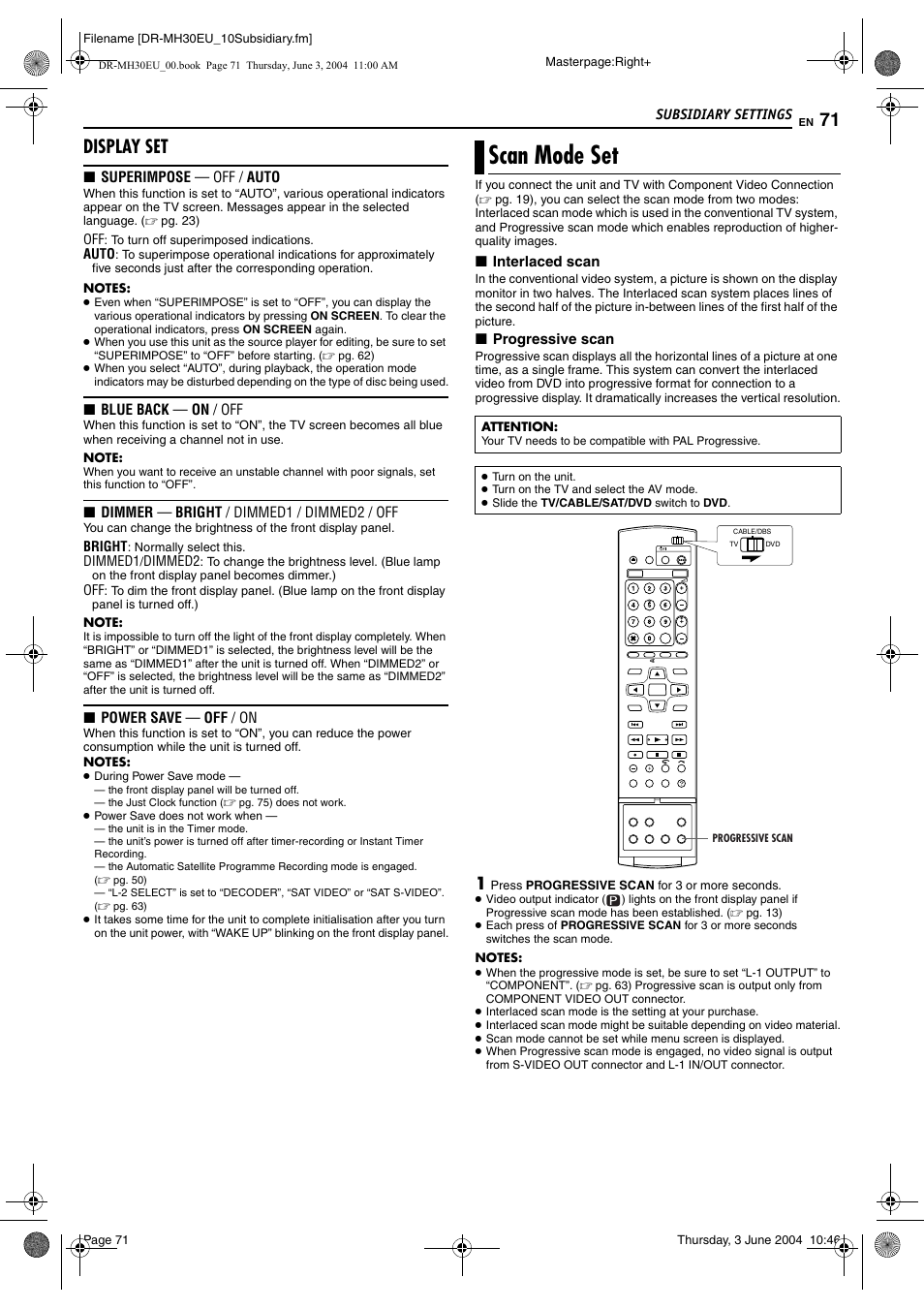 Scan mode set, Pg. 71, Pg. 71) | Display set | JVC DR-MH20B User Manual | Page 71 / 92