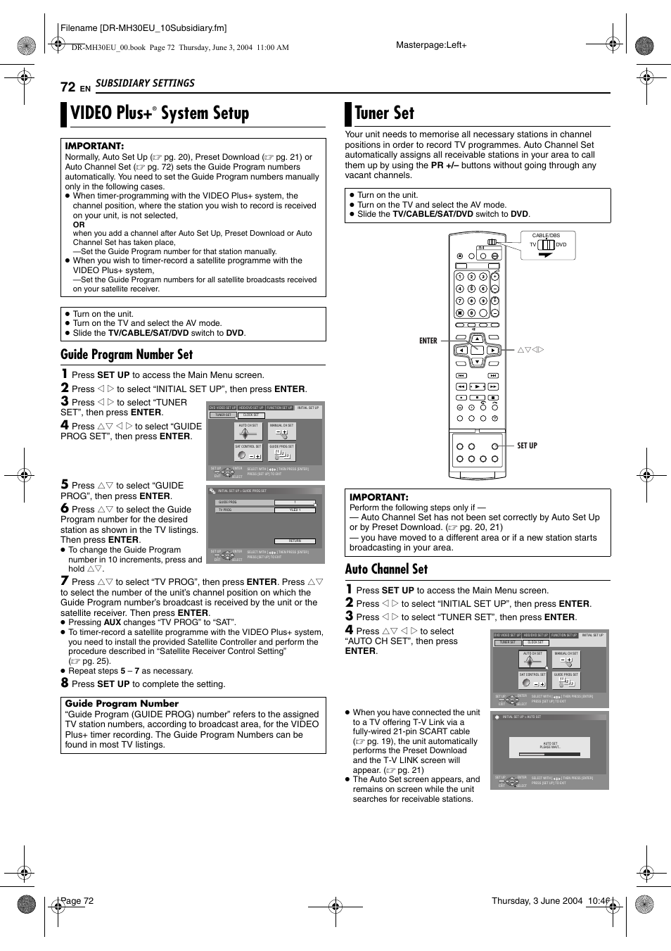 Video plus+® system setup, Guide program number set, Tuner set | Auto channel set, Video plus, System setup, Pg. 72), Setting, Subsidiary settings | JVC DR-MH20B User Manual | Page 72 / 92