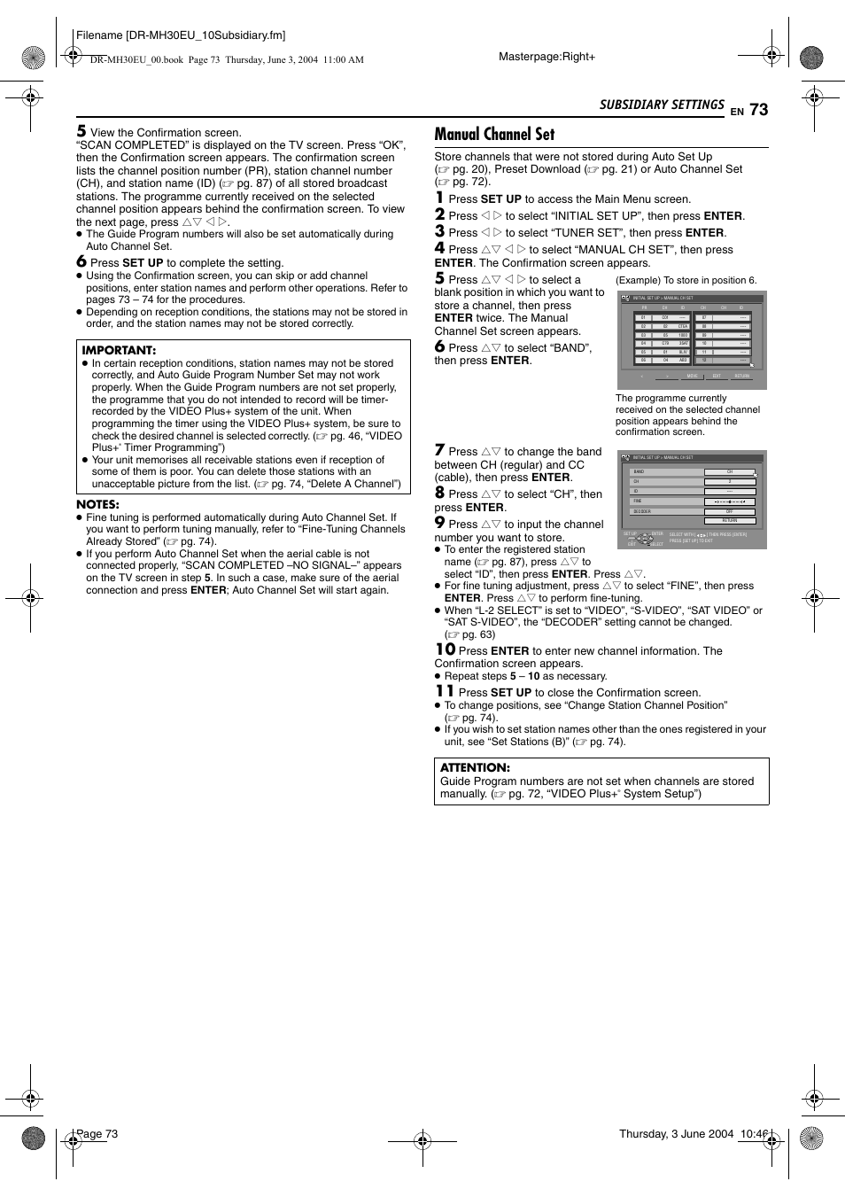 Manual channel set, S 73 – 74, Subsidiary settings | JVC DR-MH20B User Manual | Page 73 / 92