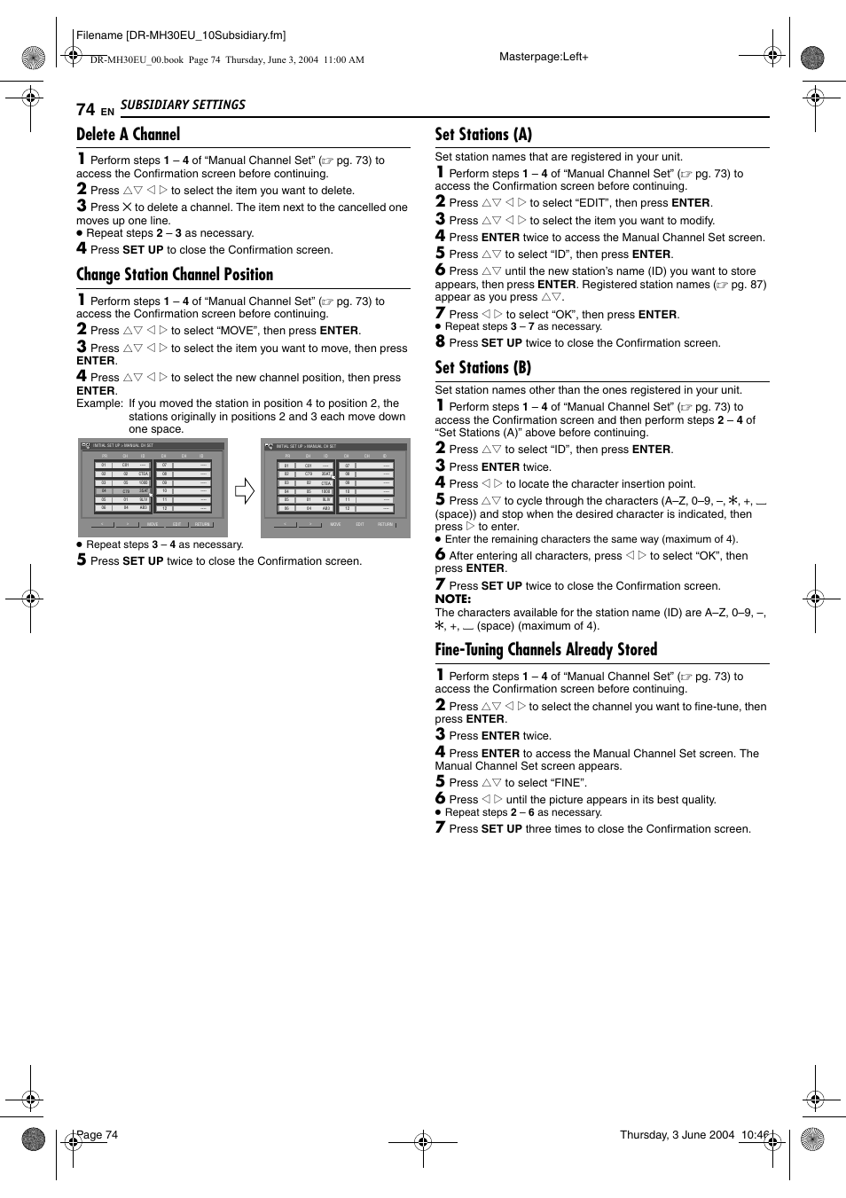 Delete a channel, Change station channel position, Set stations (a) | Set stations (b), Fine-tuning channels already stored, Pg. 74), Pg. 74, “delete a channel”), E “change station channel position, E “set stations (b), Subsidiary settings | JVC DR-MH20B User Manual | Page 74 / 92