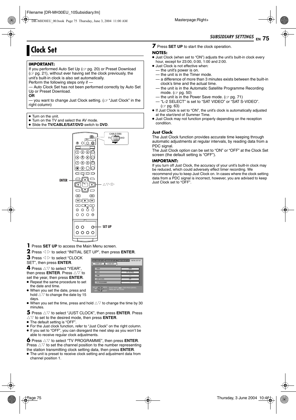 Clock set, Pg. 75), C signal. if you want to tak | Pg. 75) do, Subsidiary settings | JVC DR-MH20B User Manual | Page 75 / 92