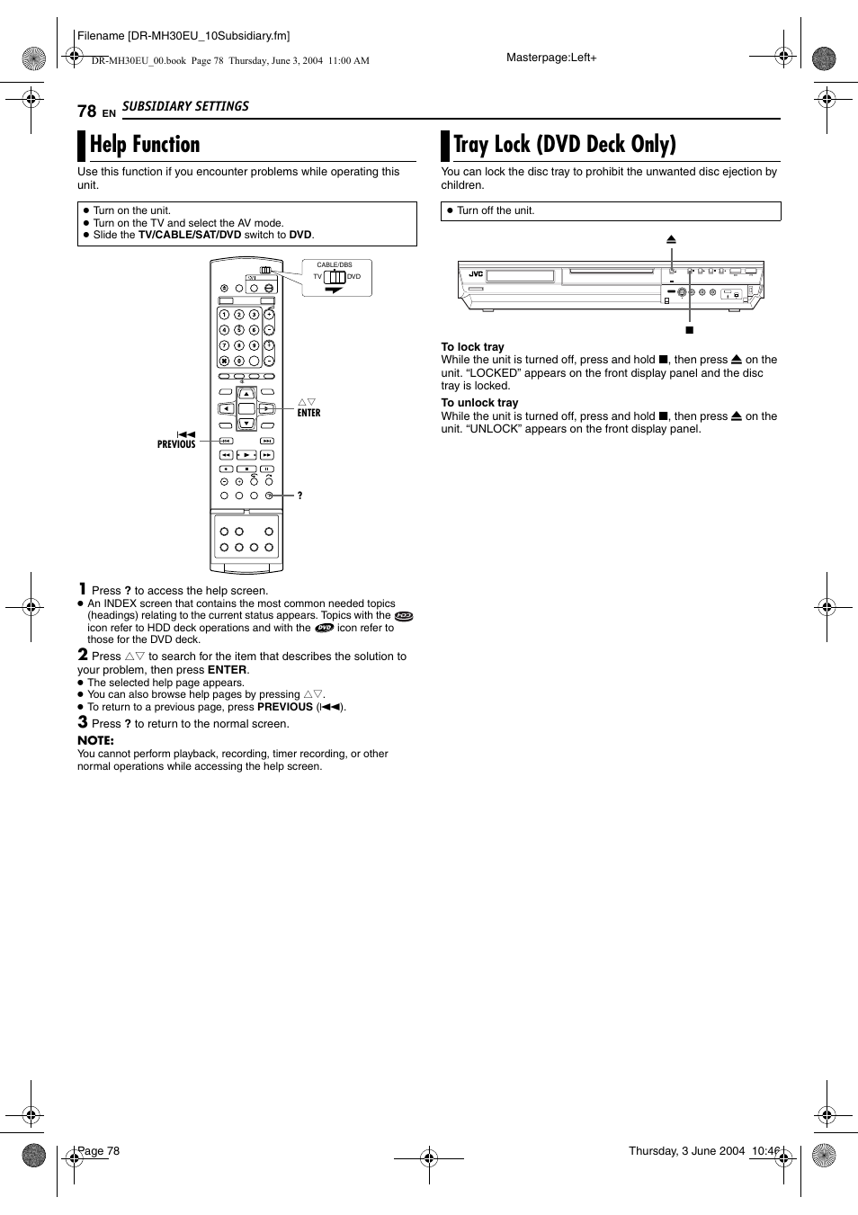 Help function, Tray lock (dvd deck only), Help function tray lock (dvd deck only) | Pg. 78 | JVC DR-MH20B User Manual | Page 78 / 92