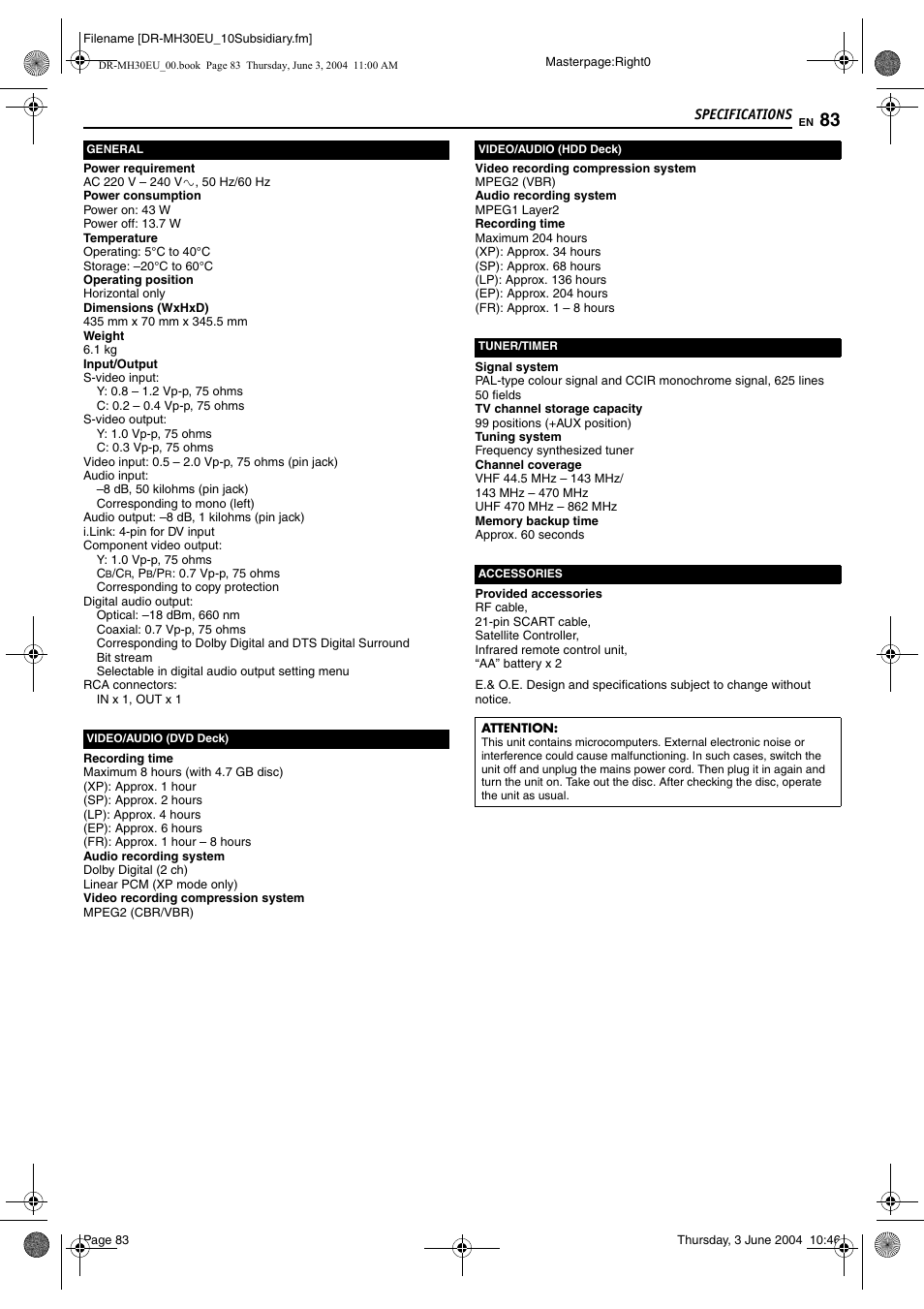 Specifications, Specifications 83 | JVC DR-MH20B User Manual | Page 83 / 92