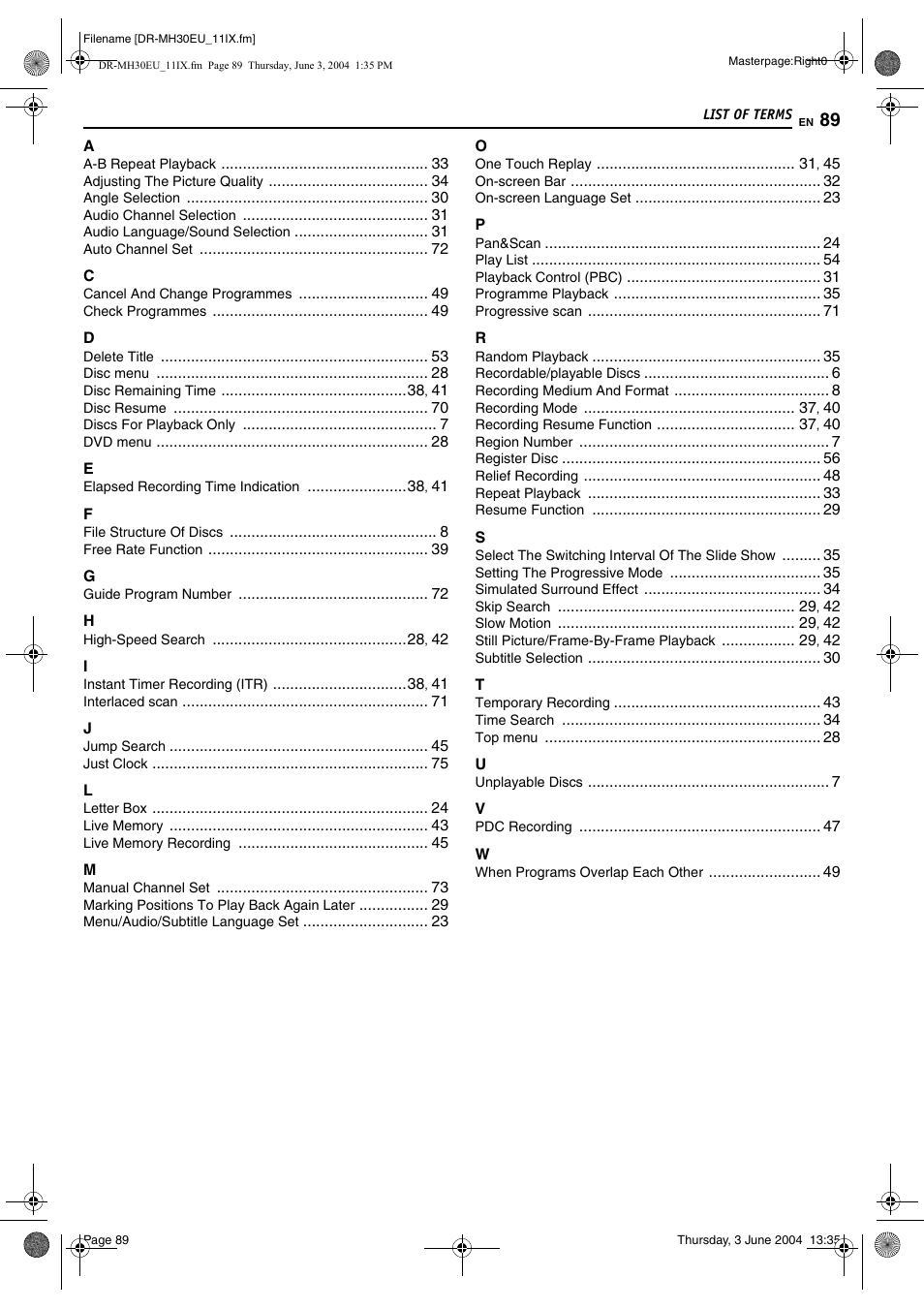 List of terms | JVC DR-MH20B User Manual | Page 89 / 92