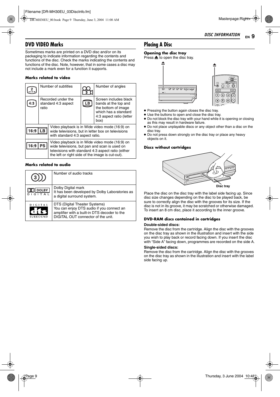 Dvdvideo marks, Placing a disc, Dvd video marks | Disc information, Video 1 s tandby/o n hdd video dvd pull - open | JVC DR-MH20B User Manual | Page 9 / 92