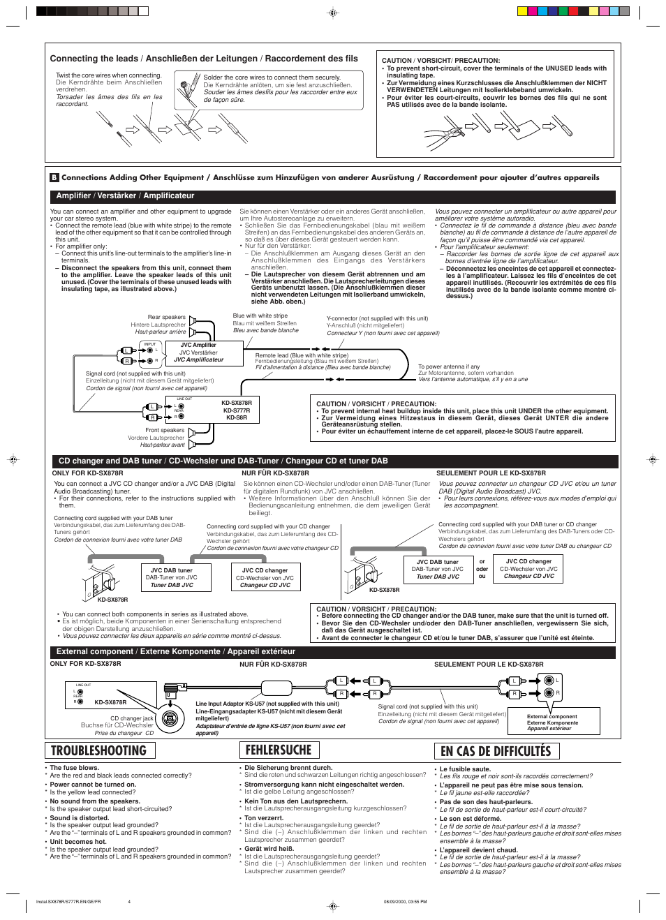 Troubleshooting, Fehlersuche, En cas de difficultes | En cas de difficultés | JVC KD-S8R User Manual | Page 4 / 4