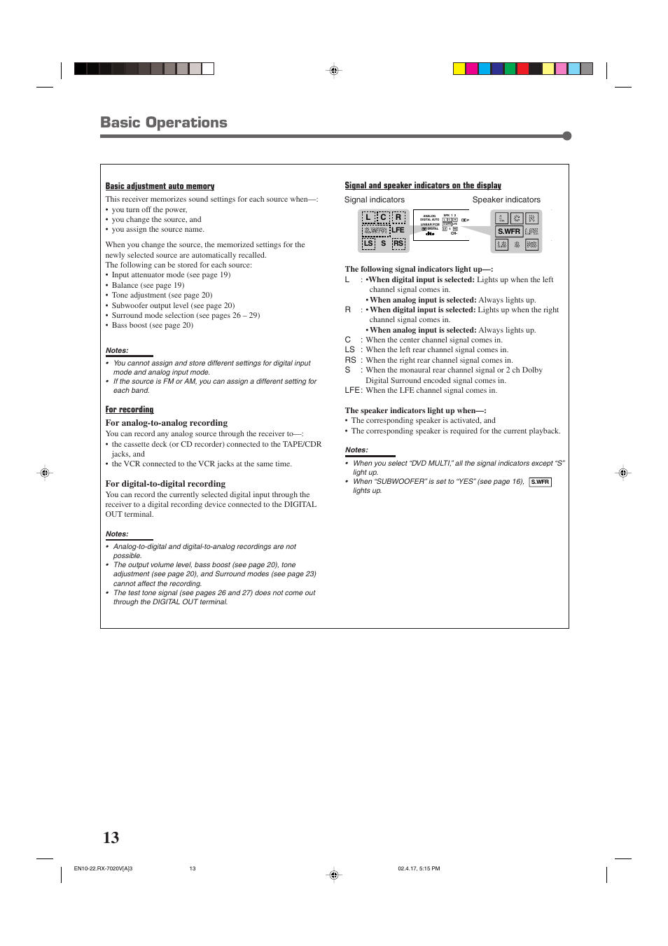 Basic operations, For recording for analog-to-analog recording, For digital-to-digital recording | Signal and speaker indicators on the display | JVC RX-7022VSL User Manual | Page 16 / 46