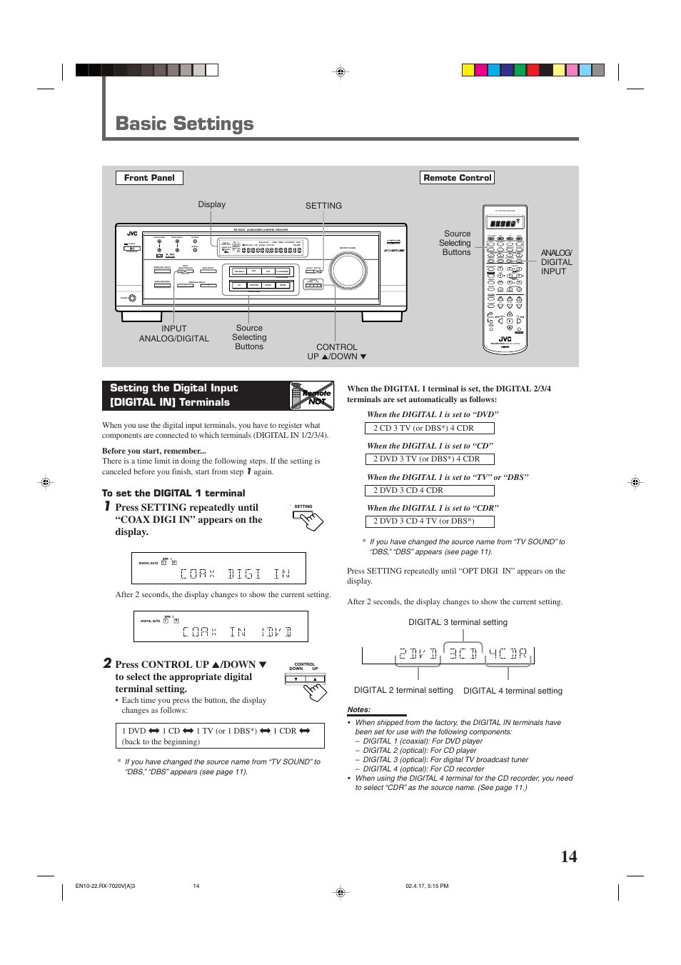 Basic settings, Setting the digital input [digital in] terminals, Standby | Input att, Lc s.wfr ls rs, Slfe, Digital 2 terminal setting, Remote not | JVC RX-7022VSL User Manual | Page 17 / 46