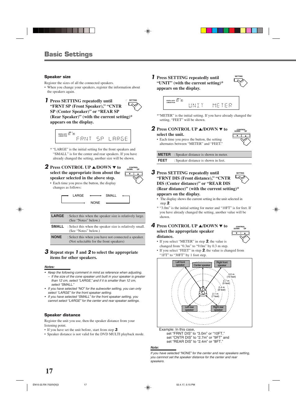 Basic settings, Press control up 5 /down ∞ to select the unit, Speaker size | Speaker distance | JVC RX-7022VSL User Manual | Page 20 / 46