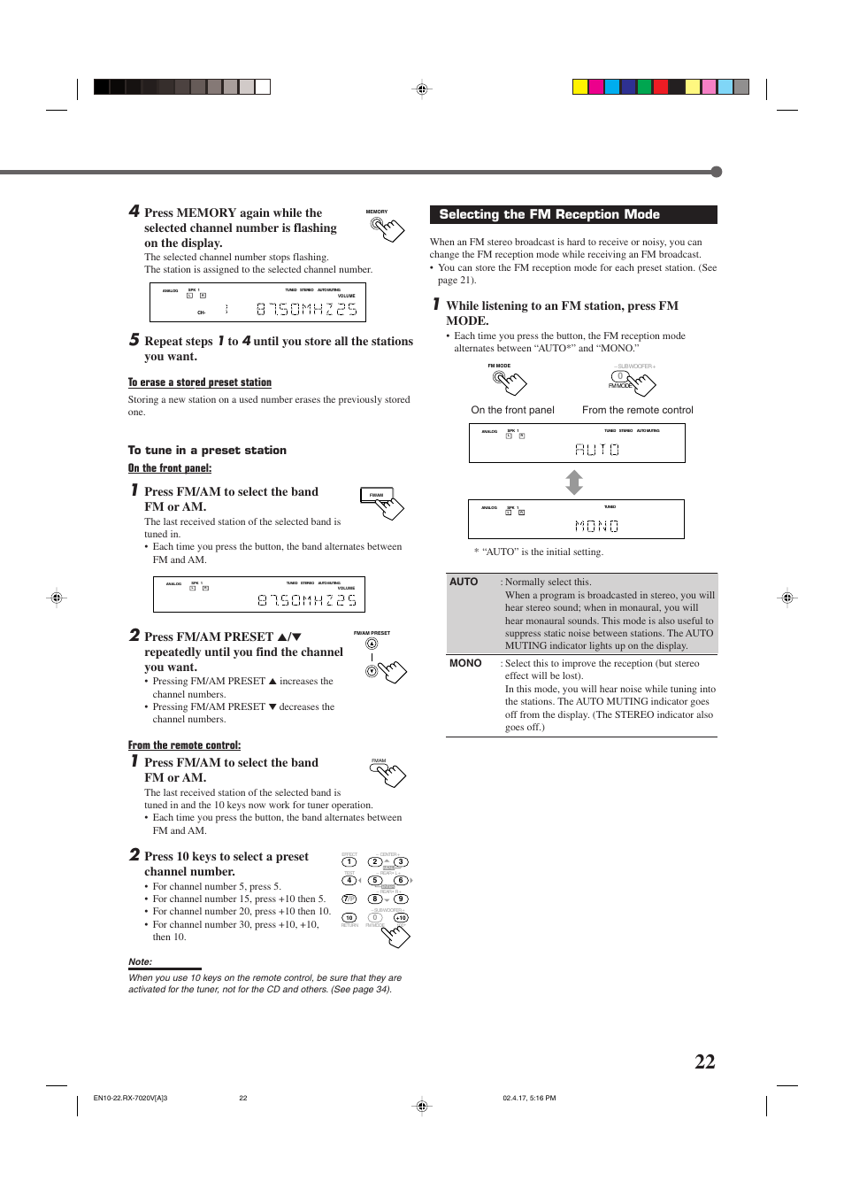 Press fm/am to select the band fm or am, Press 10 keys to select a preset channel number, Selecting the fm reception mode | While listening to an fm station, press fm mode | JVC RX-7022VSL User Manual | Page 25 / 46