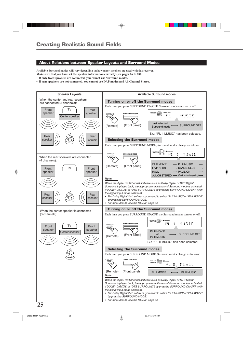 Creating realistic sound fields, Turning on or off the surround modes, Selecting the surround modes | Front panel), Ex.: “pl ii music” has been selected, Front speaker front speaker (remote) (front panel), Remote) | JVC RX-7022VSL User Manual | Page 28 / 46