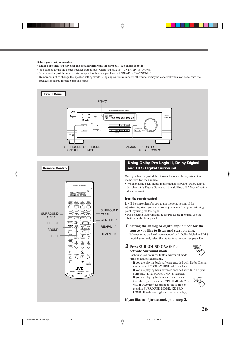 Standby, Input att, Lc s.wfr ls rs | Slfe, Press surround on/off to activate surround mode, If you like to adjust sound, go to step 3, Surround on/off effect sound test, Surround mode surround on/off | JVC RX-7022VSL User Manual | Page 29 / 46
