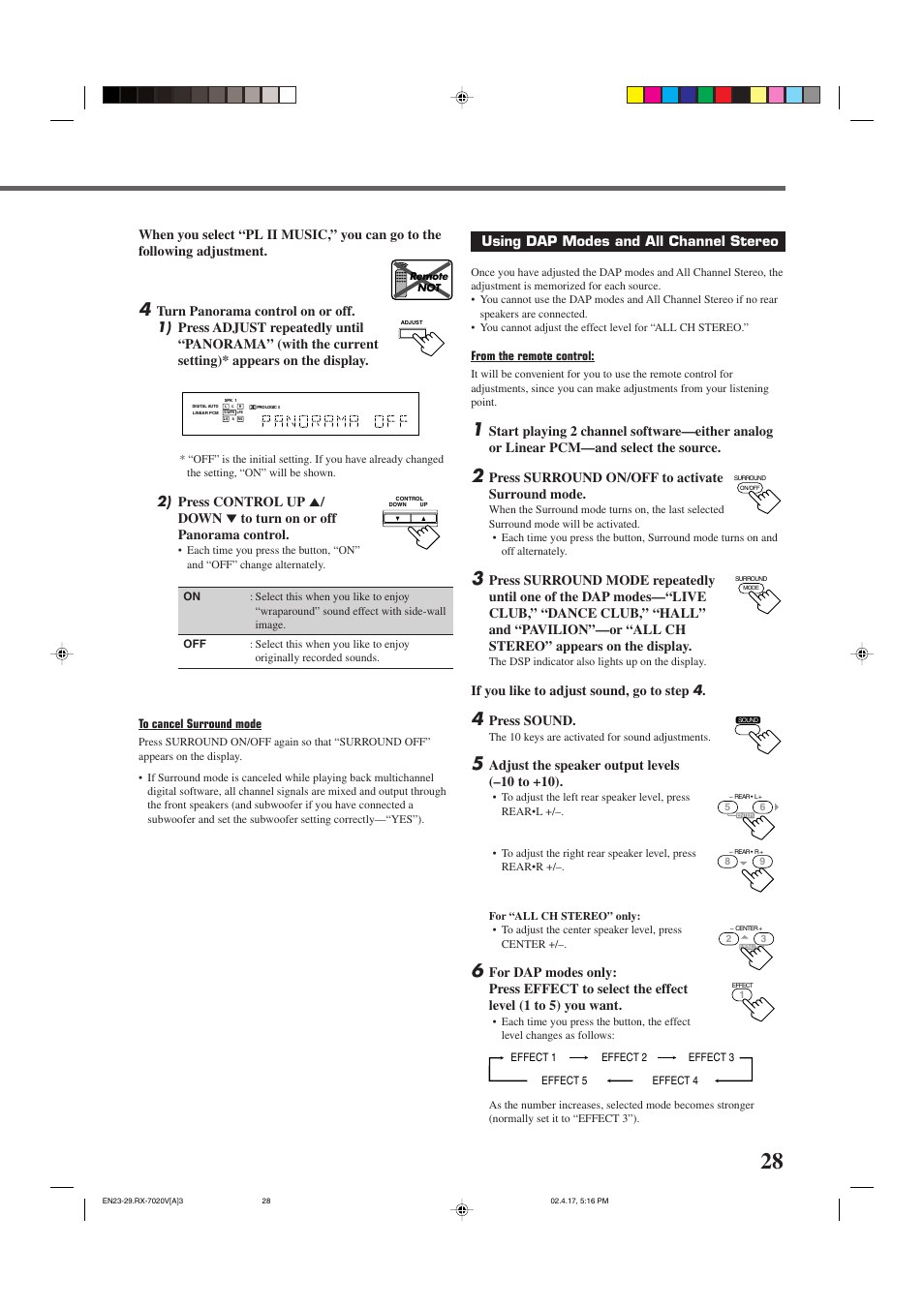 Using dap modes and all channel stereo, Press surround on/off to activate surround mode, If you like to adjust sound, go to step 4 | Press sound, Adjust the speaker output levels (–10 to +10) | JVC RX-7022VSL User Manual | Page 31 / 46