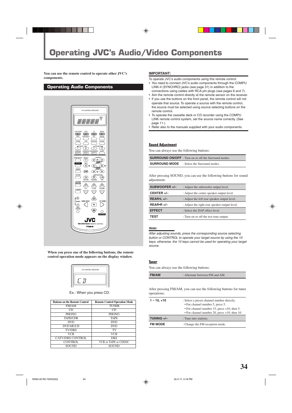 Operating jvc’s audio/video components, Operating audio components, Sound adjustment | Tuner | JVC RX-7022VSL User Manual | Page 37 / 46