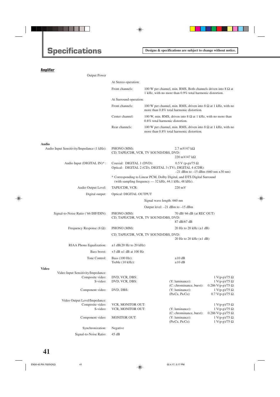 Specifications | JVC RX-7022VSL User Manual | Page 44 / 46