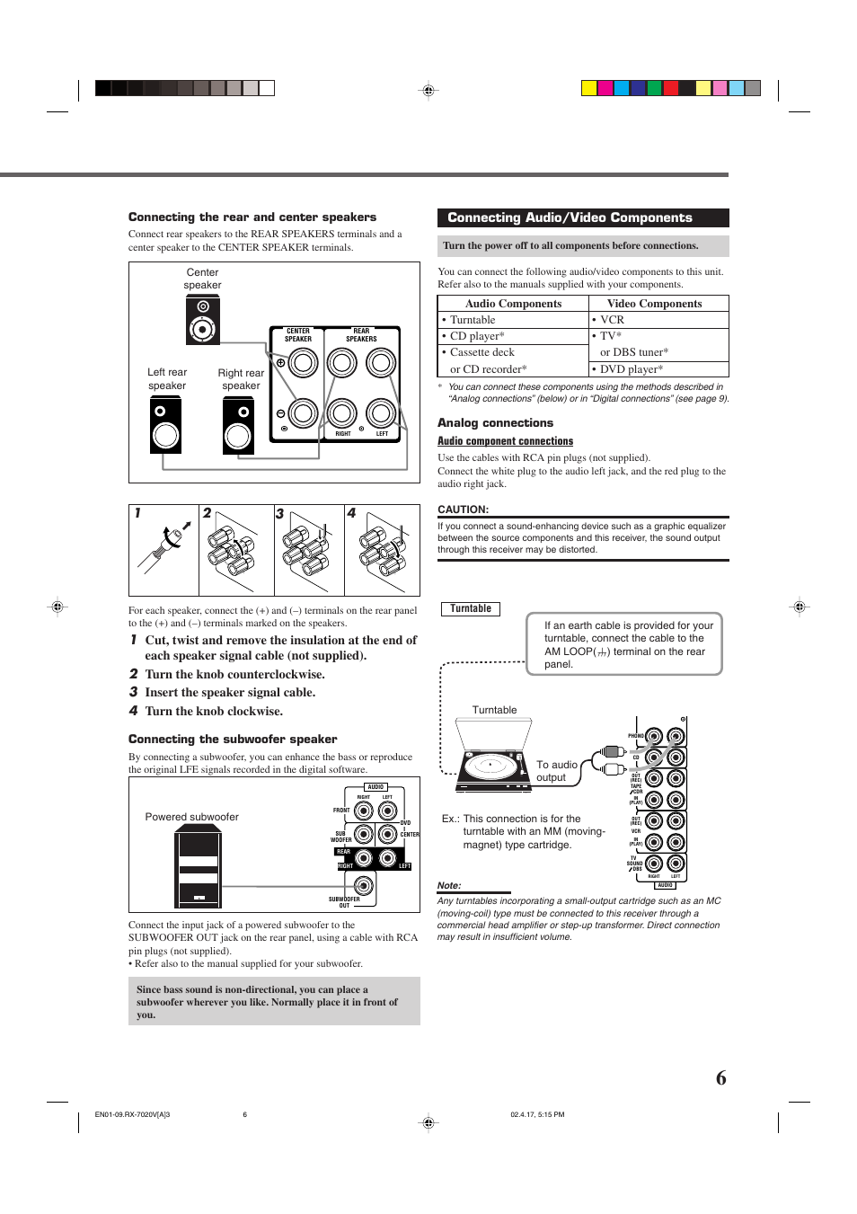 Connecting audio/video components, Connecting the rear and center speakers, Analog connections audio component connections | Connecting the subwoofer speaker | JVC RX-7022VSL User Manual | Page 9 / 46