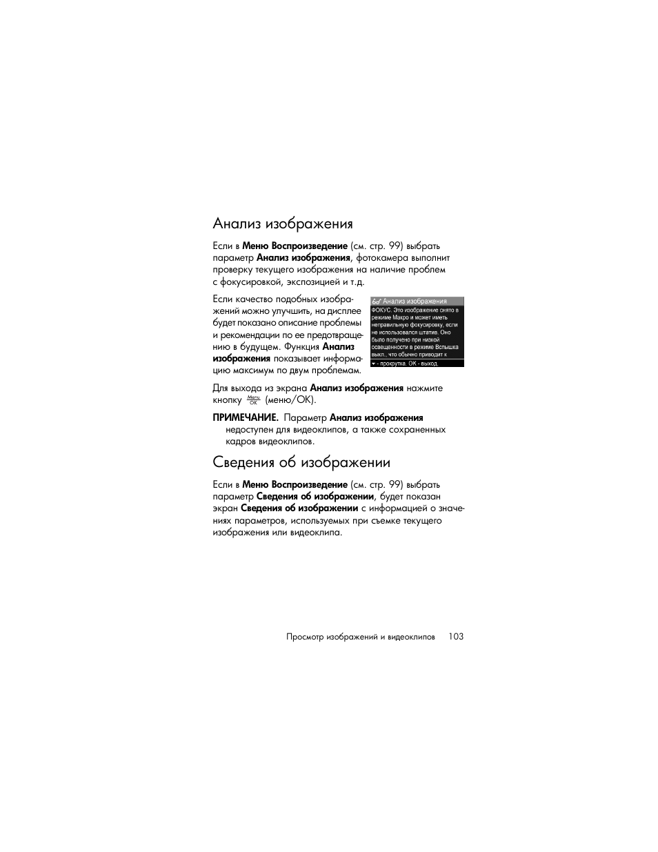 Анализ изображения, Сведения об изображении | HP Photosmart R817 User Manual | Page 103 / 220