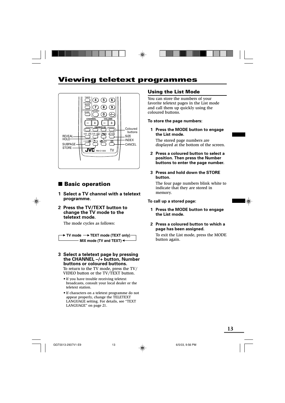 Viewing teletext programmes, Basic operation, Using the list mode | JVC 0403-NIC-JMT User Manual | Page 13 / 56