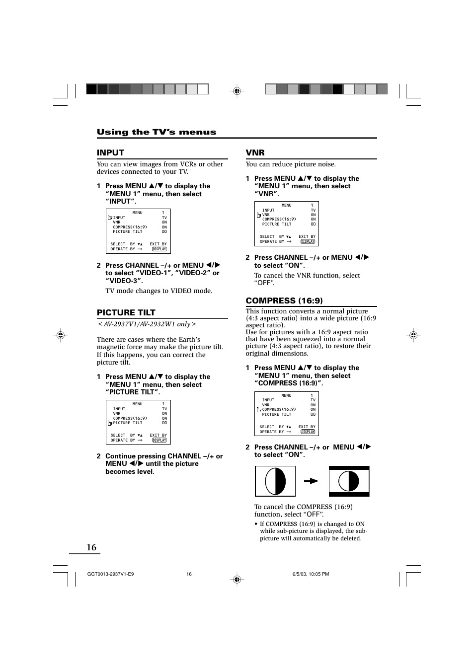 Input, Picture tilt, Compress (16:9) | JVC 0403-NIC-JMT User Manual | Page 16 / 56