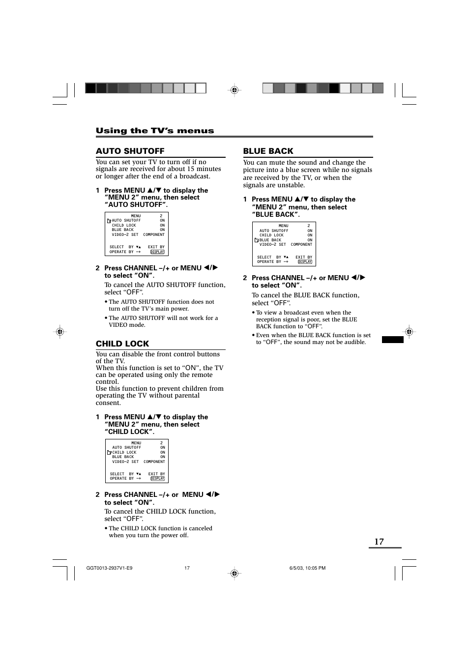 Auto shutoff, Child lock, Blue back | JVC 0403-NIC-JMT User Manual | Page 17 / 56