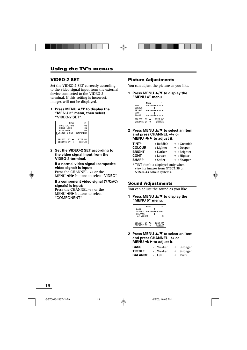 Video-2 set, Picture adjustments, Sound adjustments | JVC 0403-NIC-JMT User Manual | Page 18 / 56