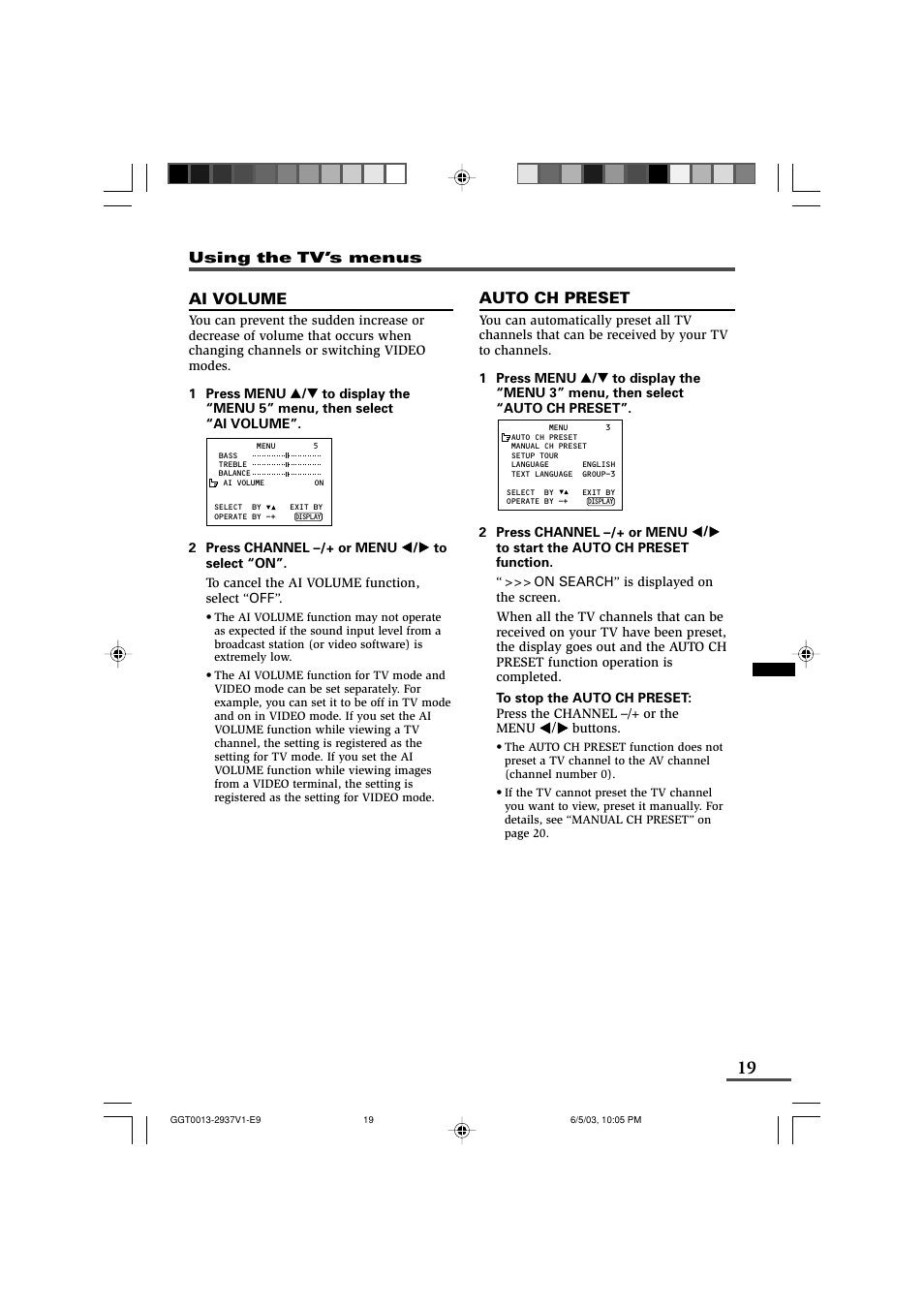 Auto ch preset, Ai volume | JVC 0403-NIC-JMT User Manual | Page 19 / 56