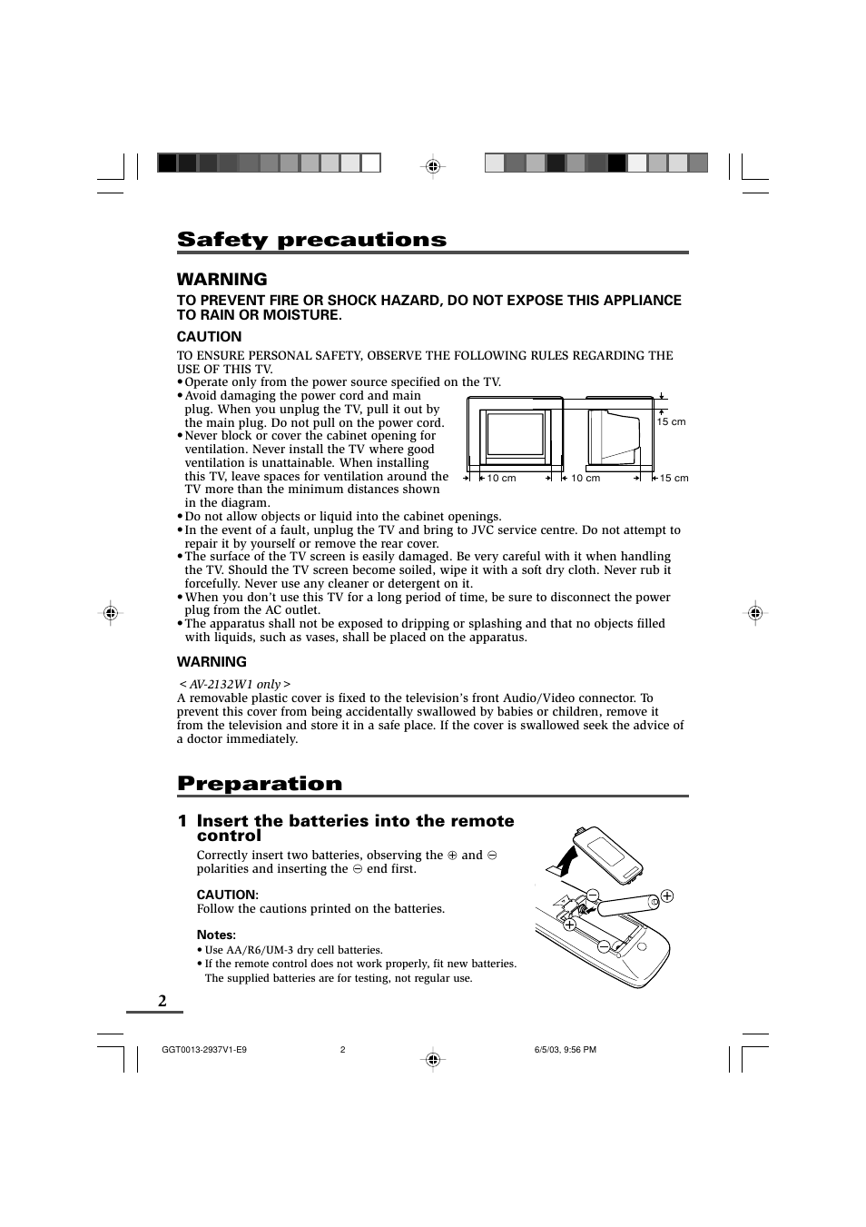 Safety precautions, Preparation, Warning | 1 insert the batteries into the remote control | JVC 0403-NIC-JMT User Manual | Page 2 / 56