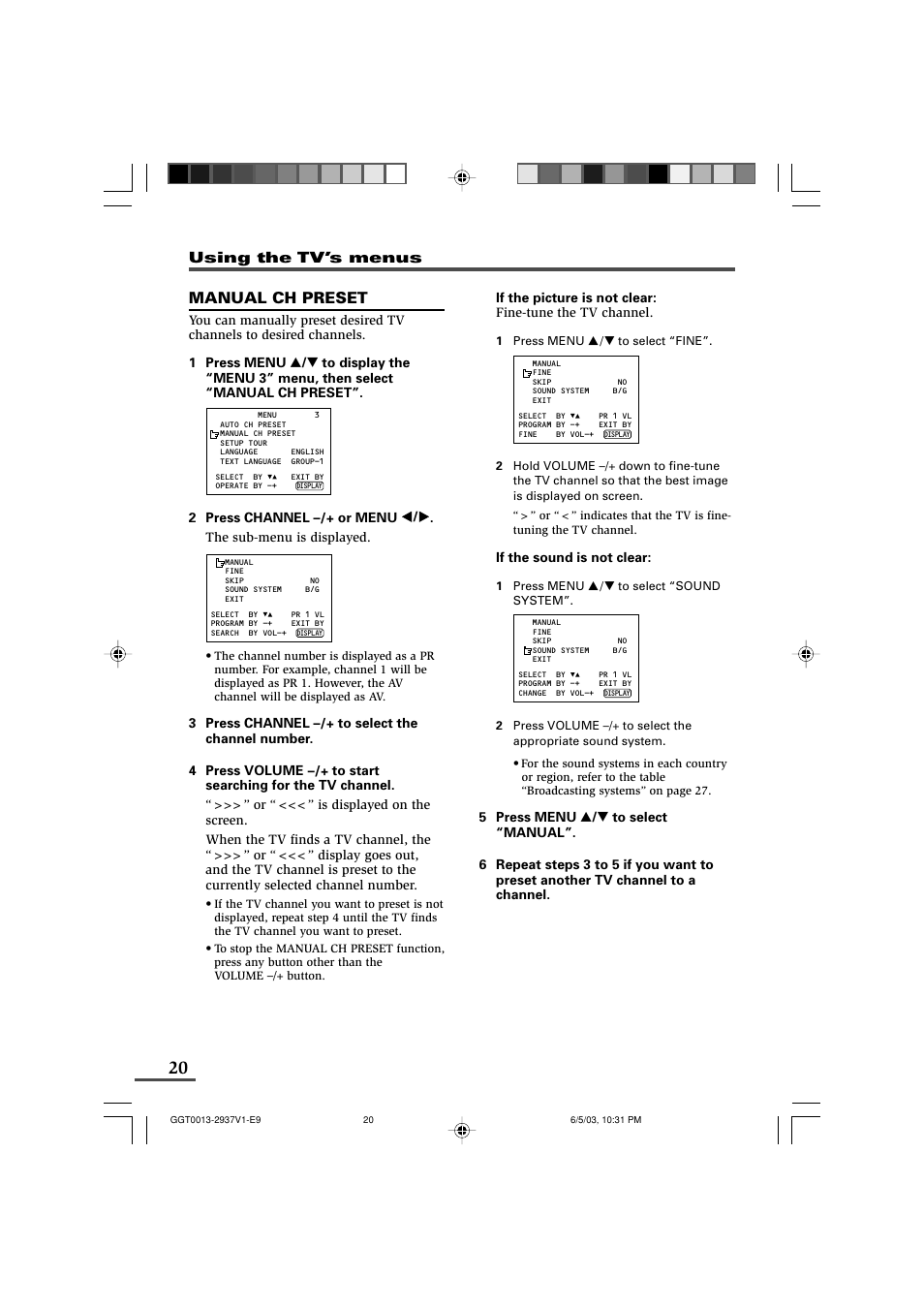 Manual ch preset | JVC 0403-NIC-JMT User Manual | Page 20 / 56