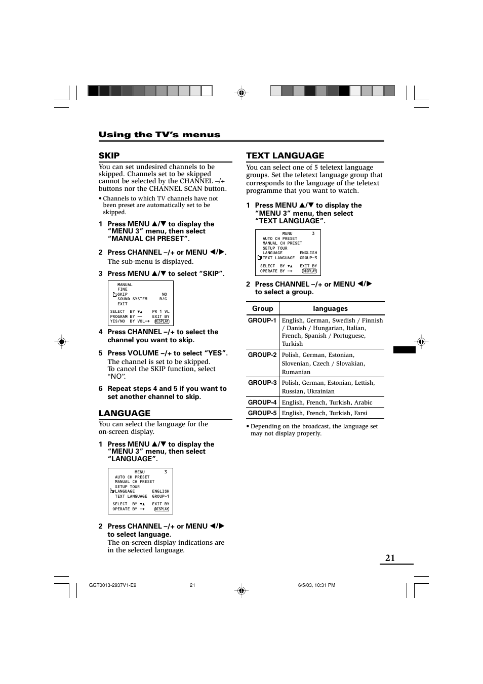 Text language, Skip, Language | JVC 0403-NIC-JMT User Manual | Page 21 / 56