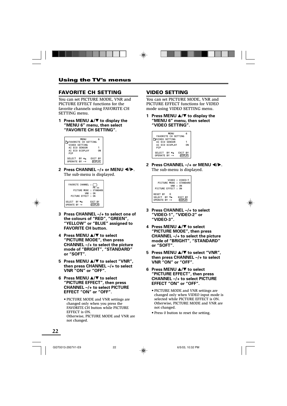 Favorite ch setting, Video setting | JVC 0403-NIC-JMT User Manual | Page 22 / 56