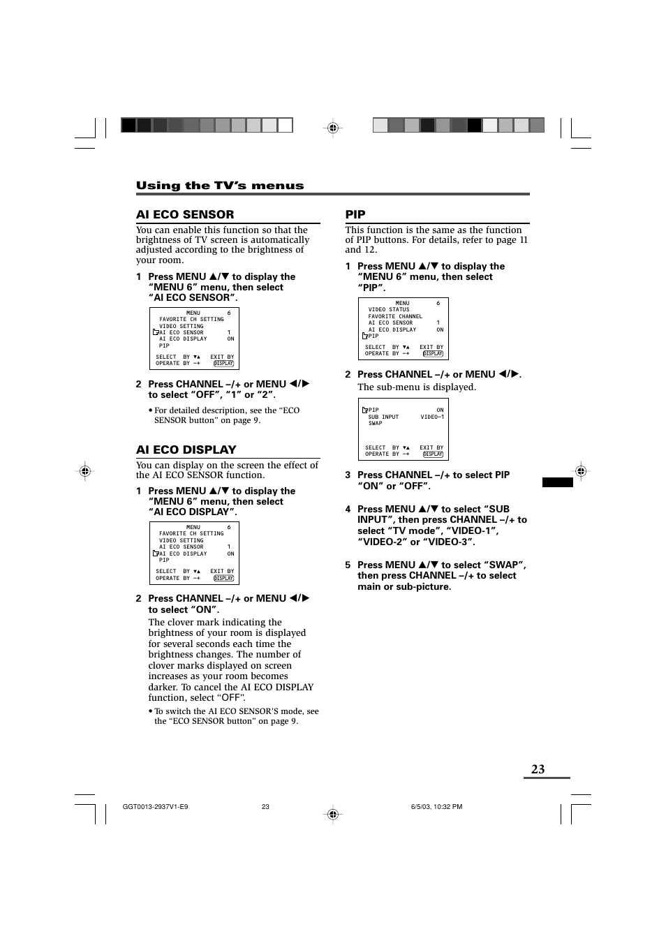 Ai eco sensor, Ai eco display, Using the tv’s menus | JVC 0403-NIC-JMT User Manual | Page 23 / 56