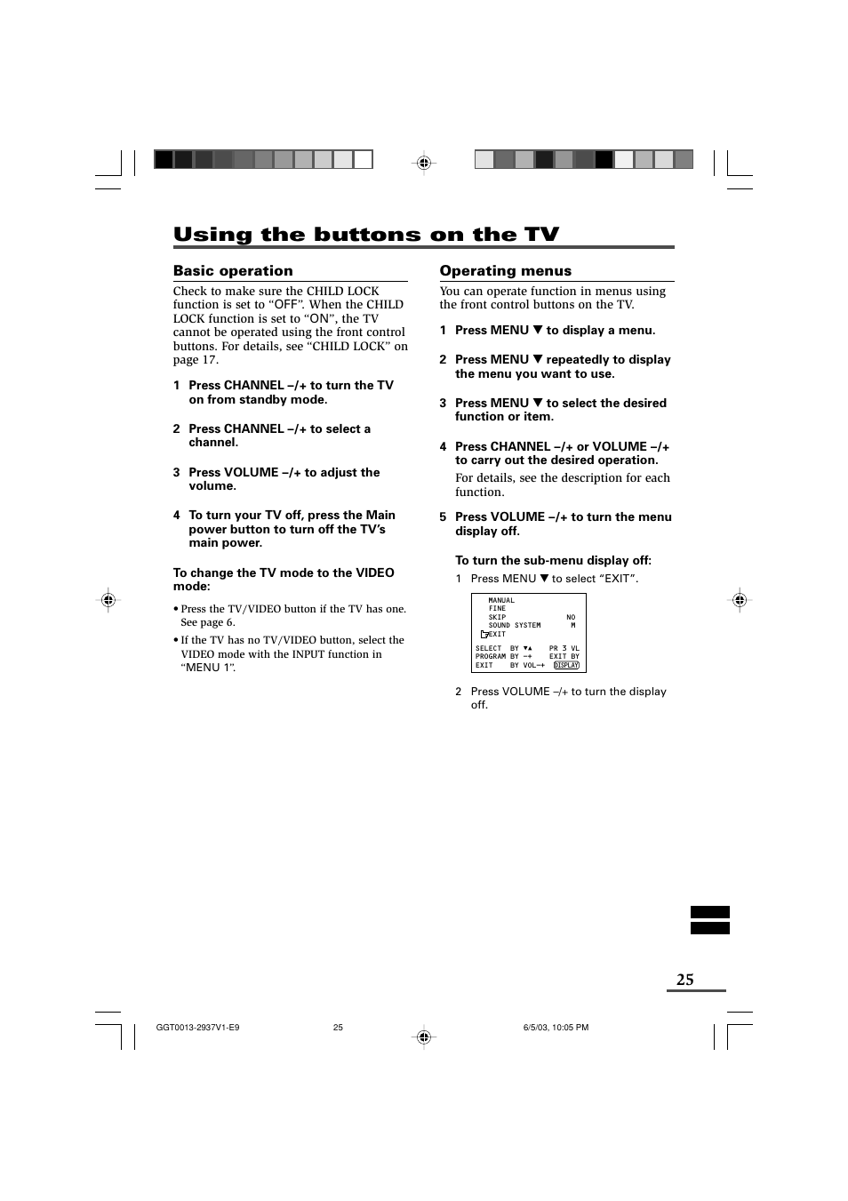 Using the buttons on the tv | JVC 0403-NIC-JMT User Manual | Page 25 / 56