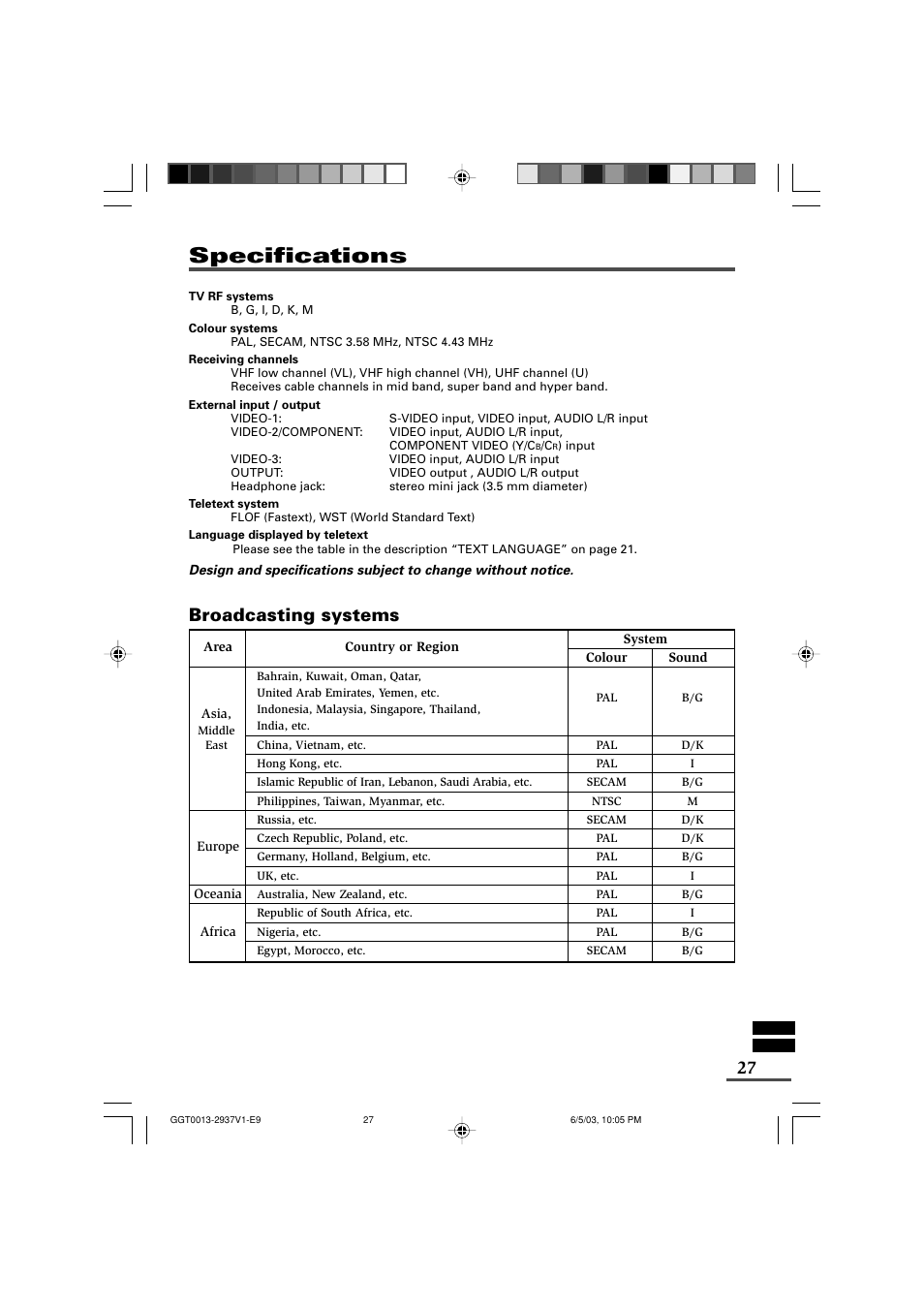 Specifications, Broadcasting systems | JVC 0403-NIC-JMT User Manual | Page 27 / 56