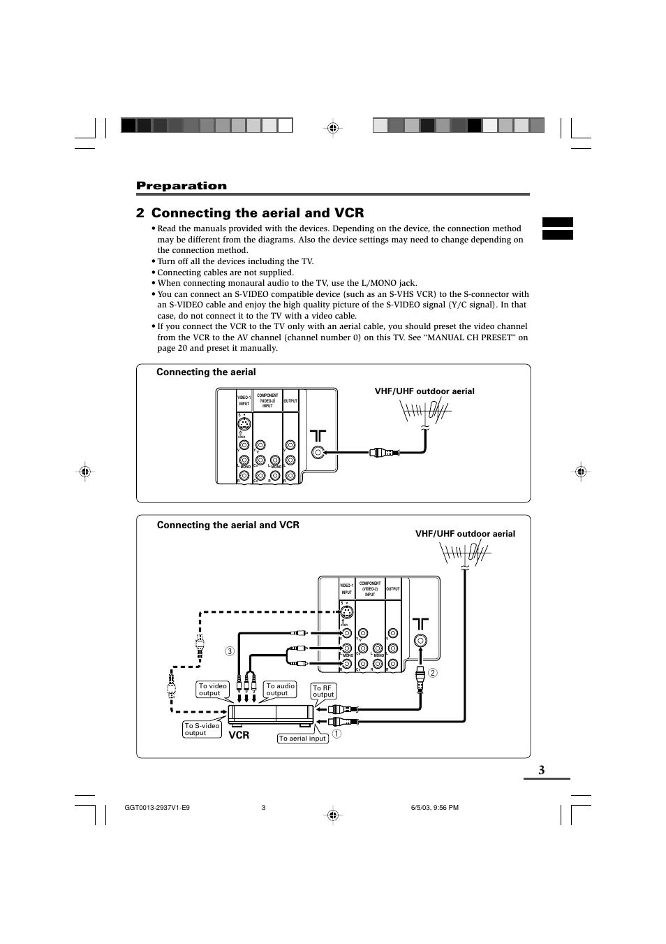 2 connecting the aerial and vcr, Preparation, Vhf/uhf outdoor aerial | JVC 0403-NIC-JMT User Manual | Page 3 / 56