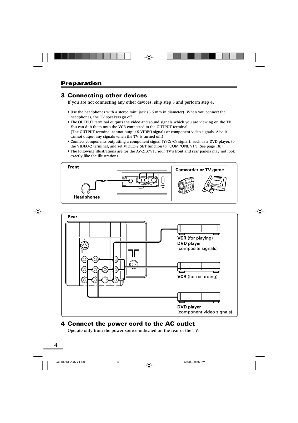 3 connecting other devices, 4 connect the power cord to the ac outlet, Preparation | Camcorder or tv game headphones | JVC 0403-NIC-JMT User Manual | Page 4 / 56