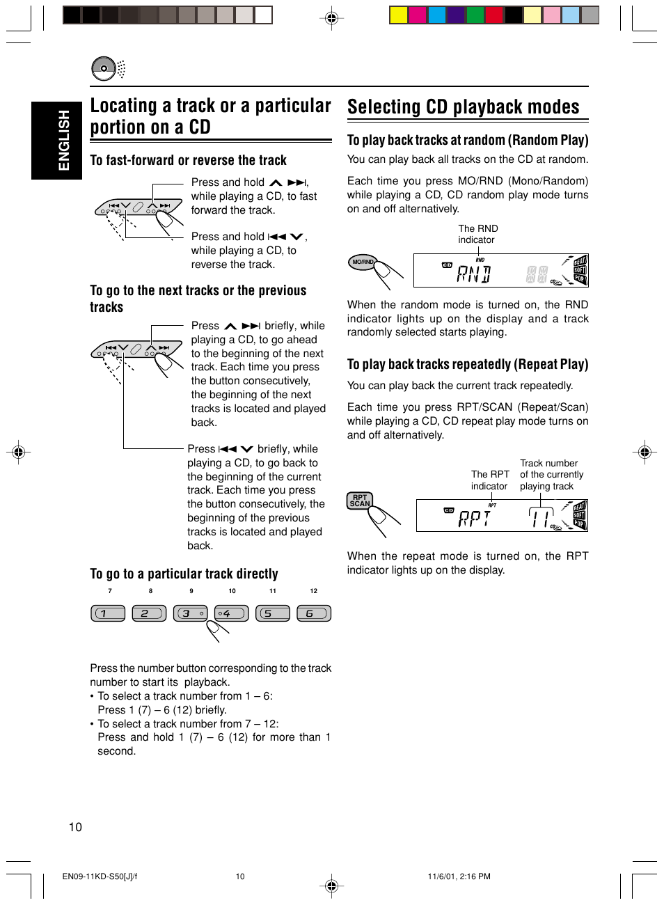 Locating a track or a particular portion on a cd, Selecting cd playback modes, English | JVC KD-S50 User Manual | Page 10 / 25