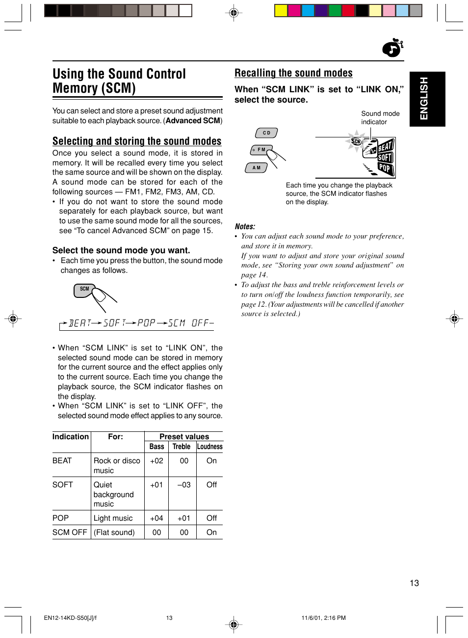 Recalling the sound modes, Selecting and storing the sound modes, English | JVC KD-S50 User Manual | Page 13 / 25