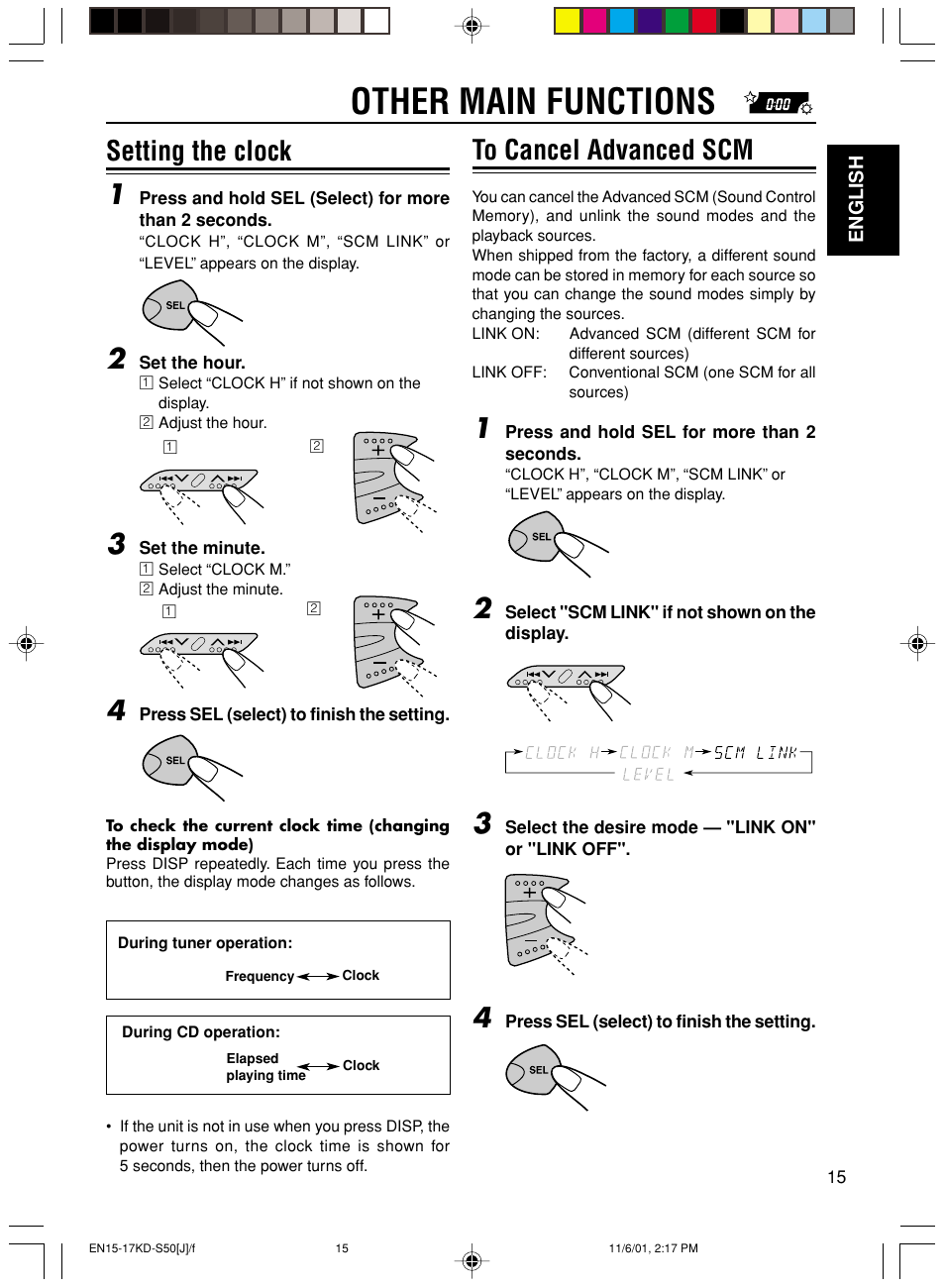 Other main functions, Setting the clock 1 | JVC KD-S50 User Manual | Page 15 / 25