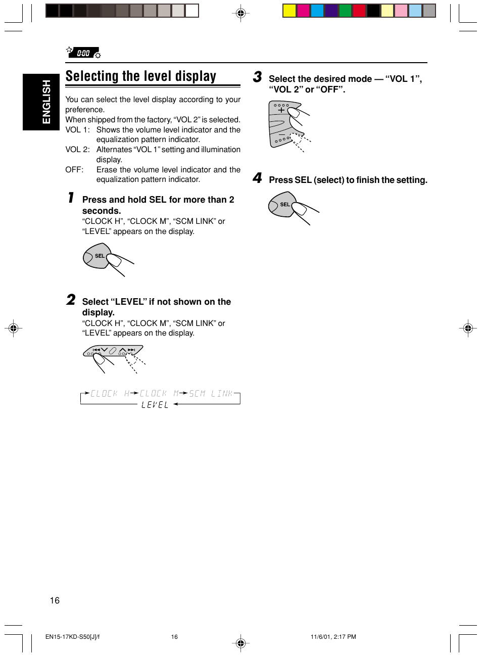 Selecting the level display | JVC KD-S50 User Manual | Page 16 / 25