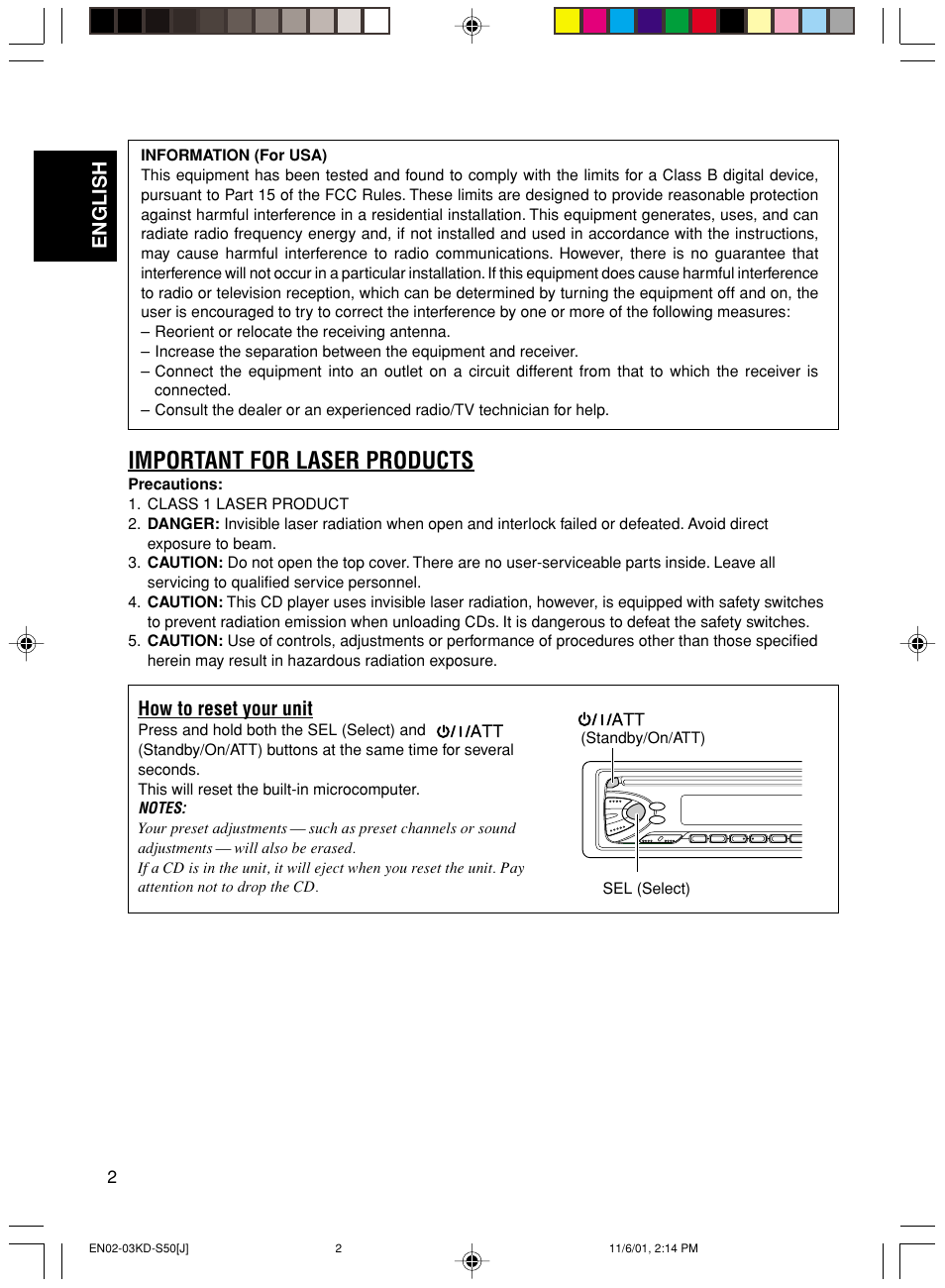 How to reset your unit, Important for laser products, English | JVC KD-S50 User Manual | Page 2 / 25